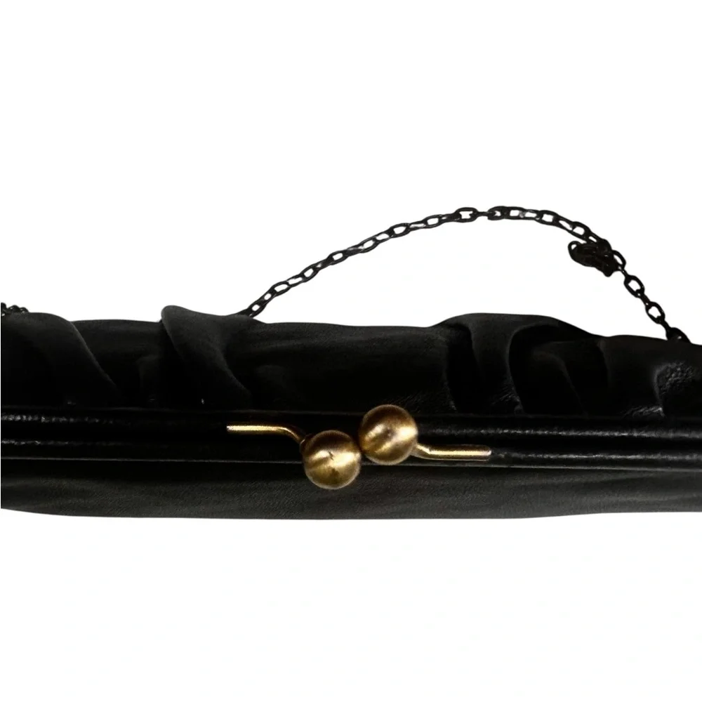 Chic Black Leather Clutch shoulder bag kiss close chain minimalist quiet wealth